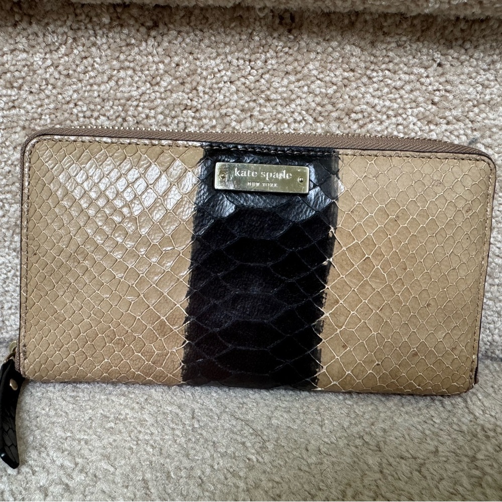Kate Spade Tan and Black Embossed Leather Zip Around Wallet